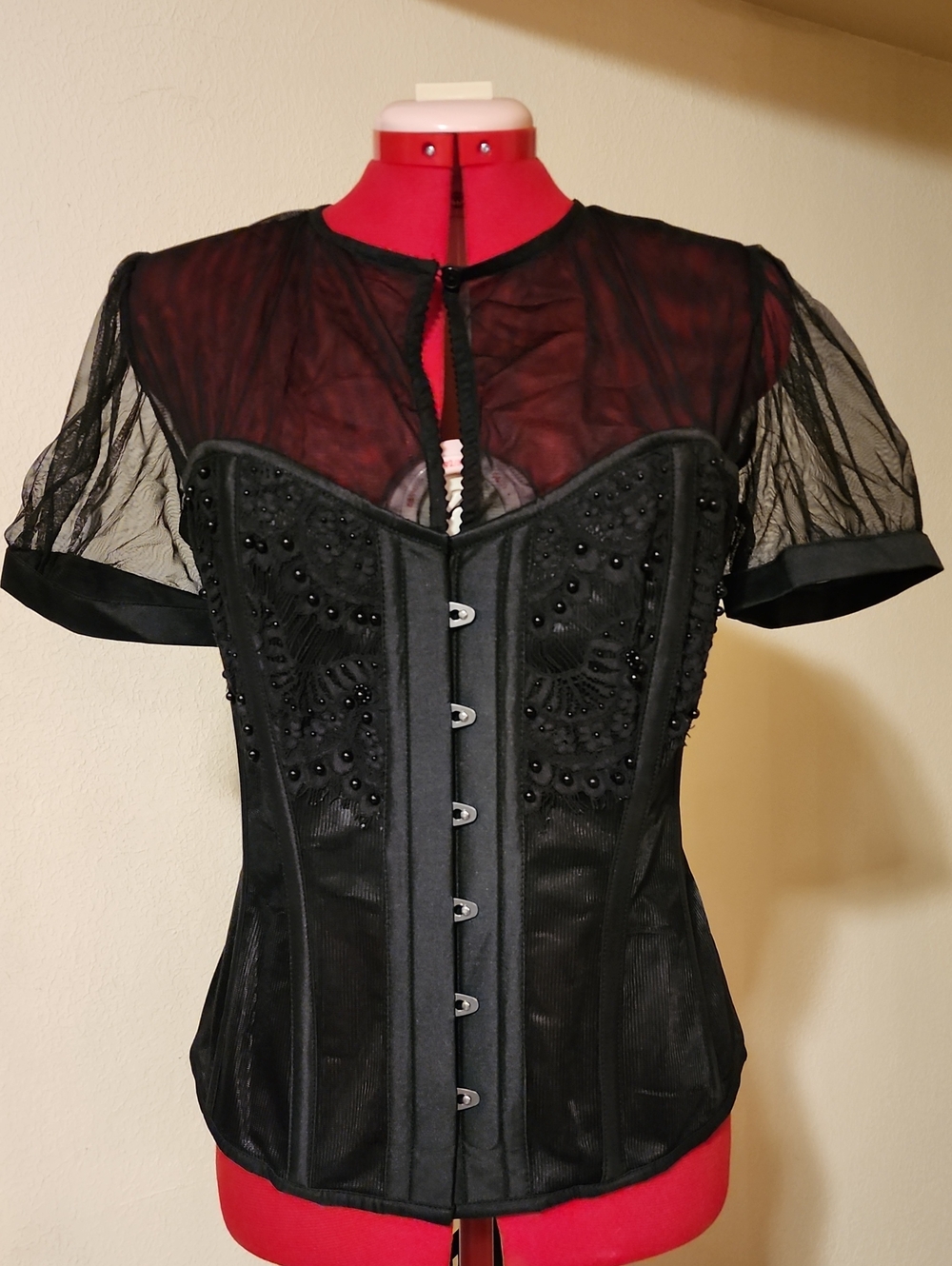 Corset Story Black Mesh Corset Top Short Puff Sleeve Beaded – Brand New – UK 18